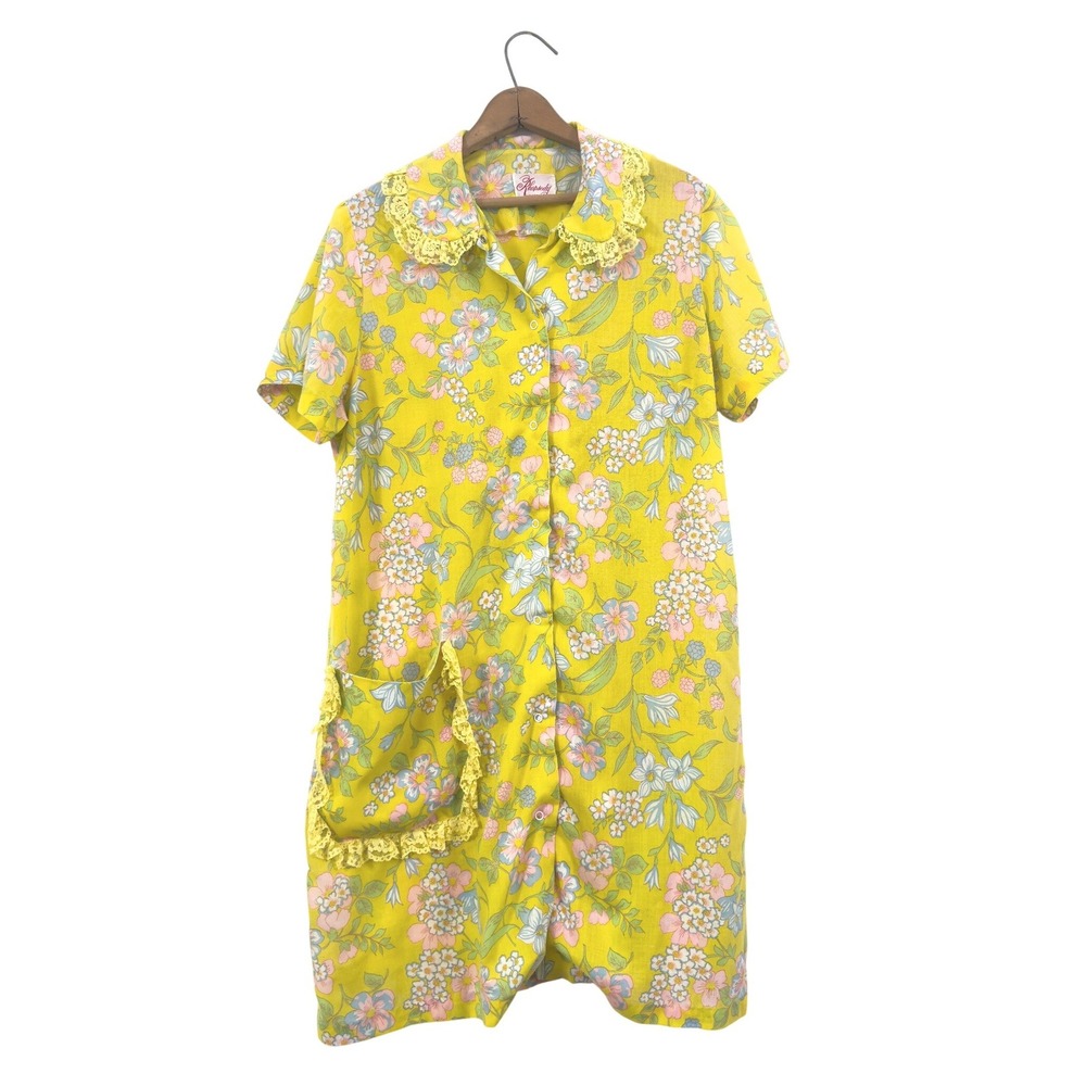 Vintage 60s/70s Rhapsody House Dress Yellow Floral‎ Cotton Blend M/L
